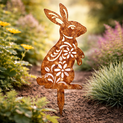 RABBITRAIL – Rustikaler Metall-Hasen-Gartenstecker für Bauernhaus-Außendekoration