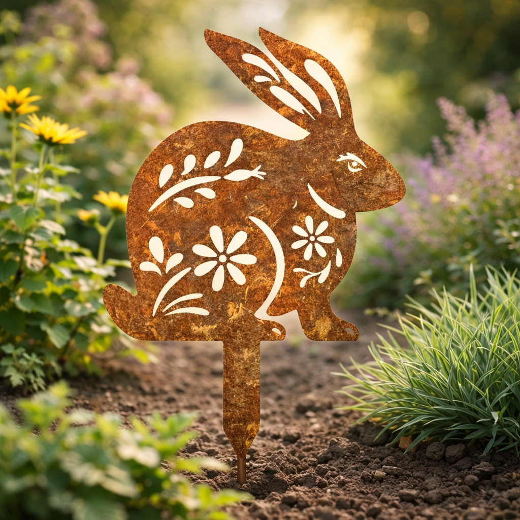 RABBITRAIL – Rustikaler Metall-Hasen-Gartenstecker für Bauernhaus-Außendekoration