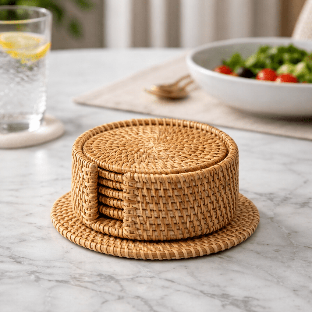 RATTANRA – Heat-Insulating Rattan Drink Coasters for Table Protection