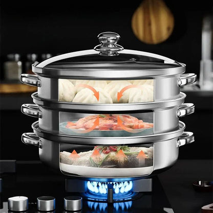 STEAMPRO – 3-Tier Stainless Steel Steamer with Clear Glass Lid