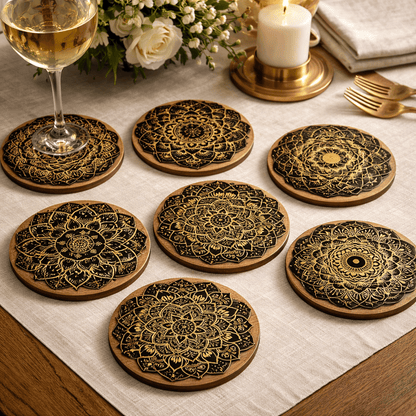 TABLEVA – Elegant Round Wooden Coaster with Mandala Design