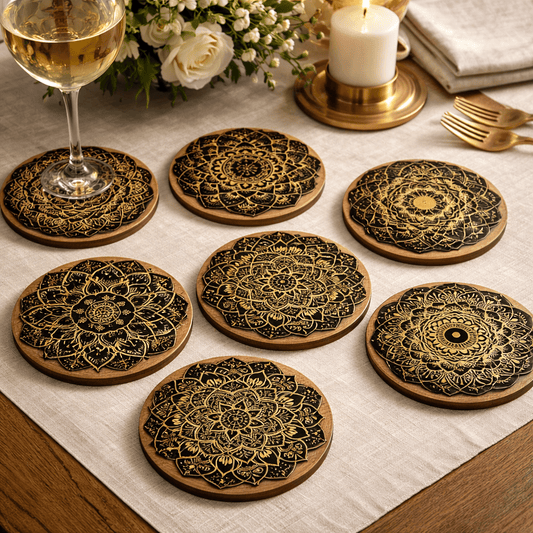 TABLEVA – Elegant Round Wooden Coaster with Mandala Design