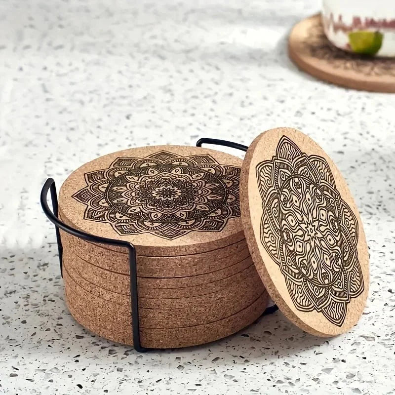 TABLEVA – Elegant Round Wooden Coaster with Mandala Design