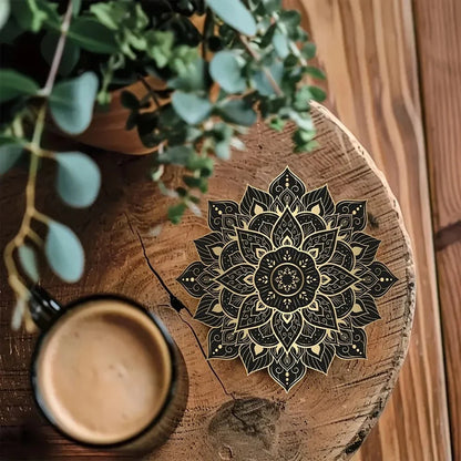 TABLEVA – Elegant Round Wooden Coaster with Mandala Design