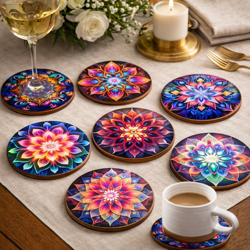 TABLEVA – Elegant Round Wooden Coaster with Mandala Design