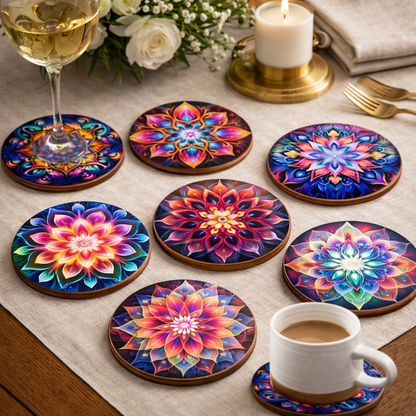 TABLEVA – Elegant Round Wooden Coaster with Mandala Design