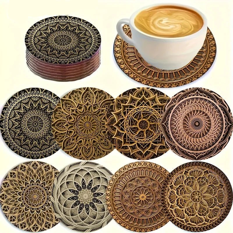 TABLEVA – Elegant Round Wooden Coaster with Mandala Design