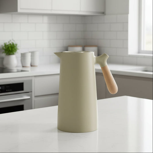 VetroLux – Elegant double-walled glass carafe with wooden handle for hot and cold drinks