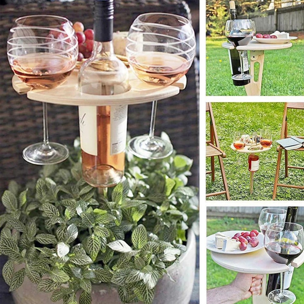 WOODWINE – Portable Wooden Wine Table Folding Outdoor Glass Holder for Picnics & Camping
