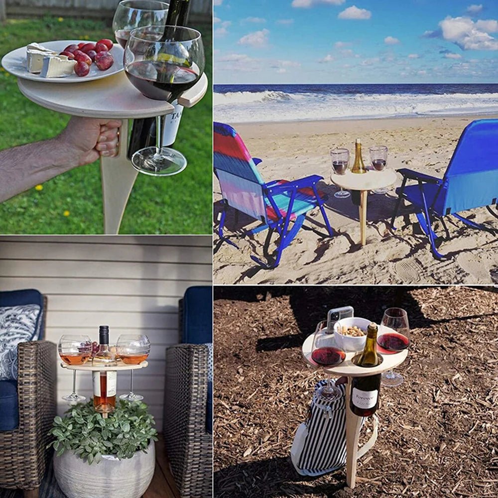 WOODWINE – Portable Wooden Wine Table Folding Outdoor Glass Holder for Picnics & Camping
