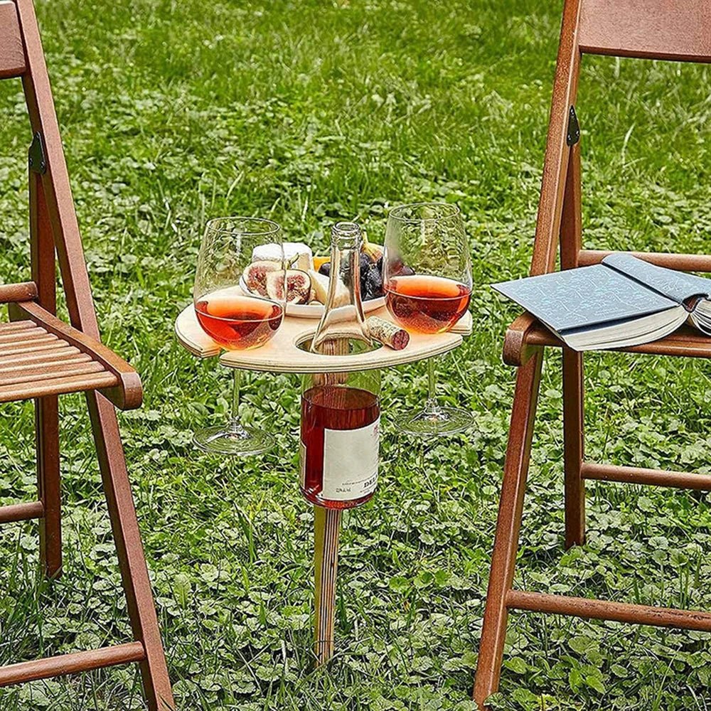 WOODWINE – Portable Wooden Wine Table Folding Outdoor Glass Holder for Picnics & Camping